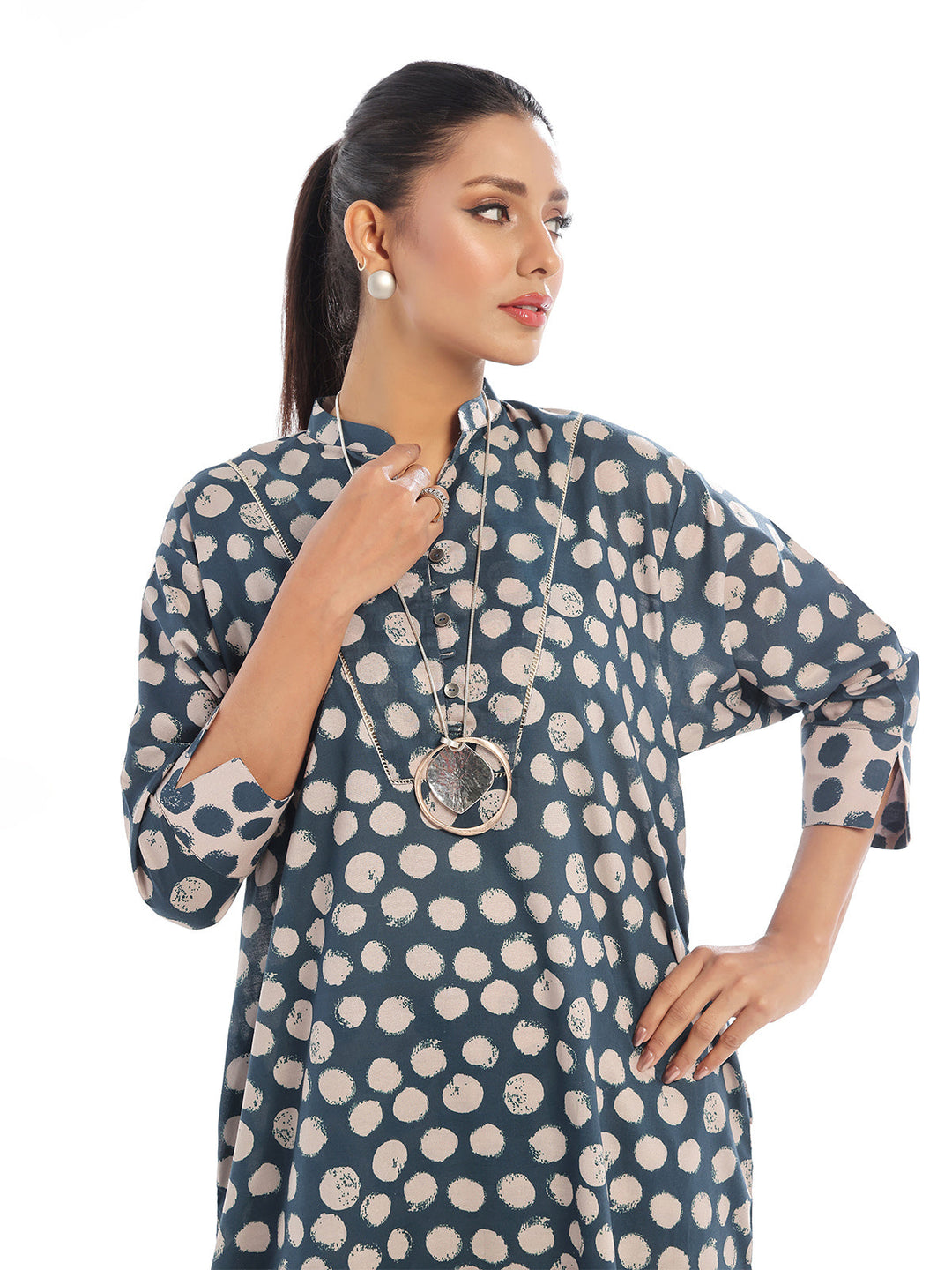 Oaks - Printed Pret Shirt Trouser Swiss Lawn Beige & Blue  - 2 Piece