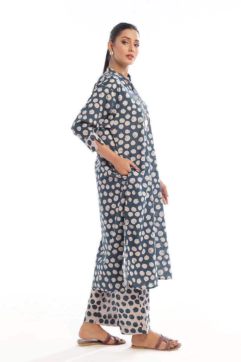 Oaks - Printed Pret Shirt Trouser Swiss Lawn Beige & Blue  - 2 Piece