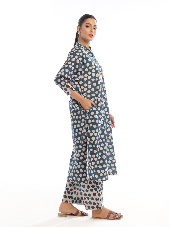 Oaks - Printed Pret Shirt Trouser Swiss Lawn Beige & Blue  - 2 Piece