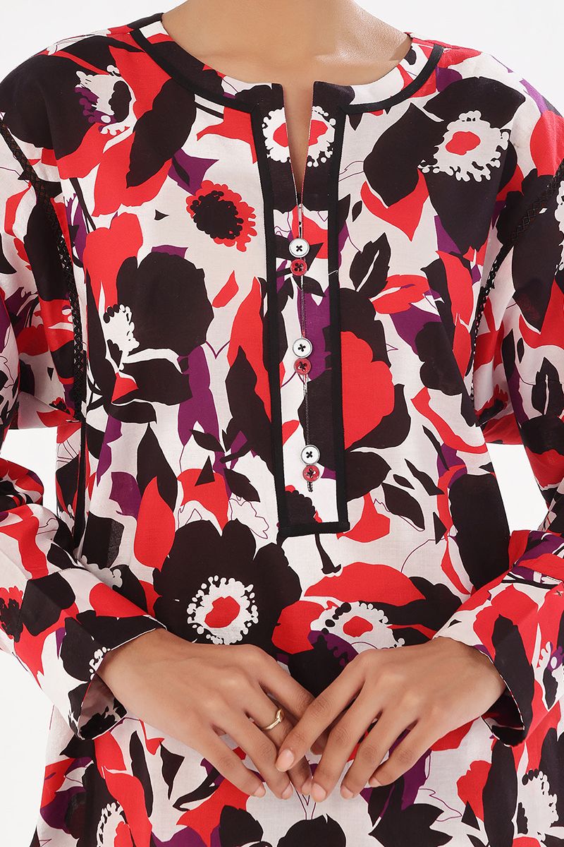 Oaks - Printed Pret & Unstitched Shirt Trouser Swiss Lawn Black & Red - 2 Piece