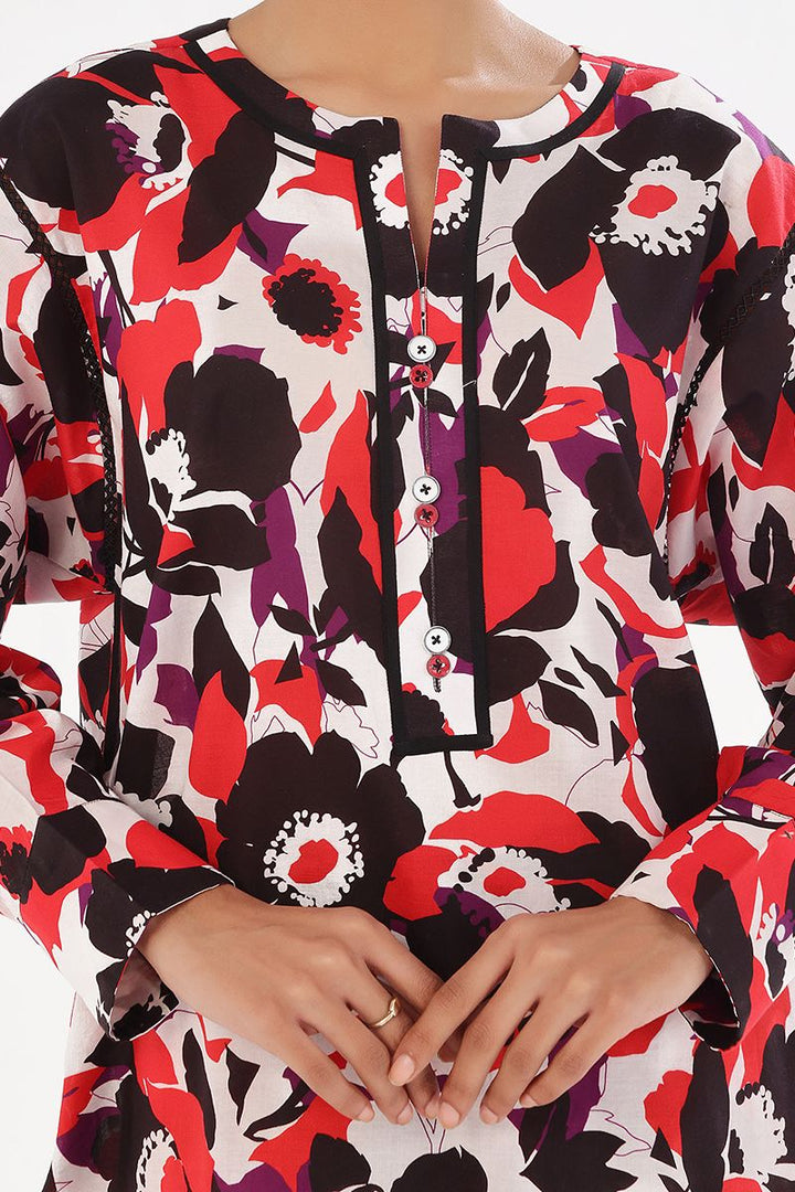 Oaks - Printed Pret & Unstitched Shirt Trouser Swiss Lawn Black & Red - 2 Piece