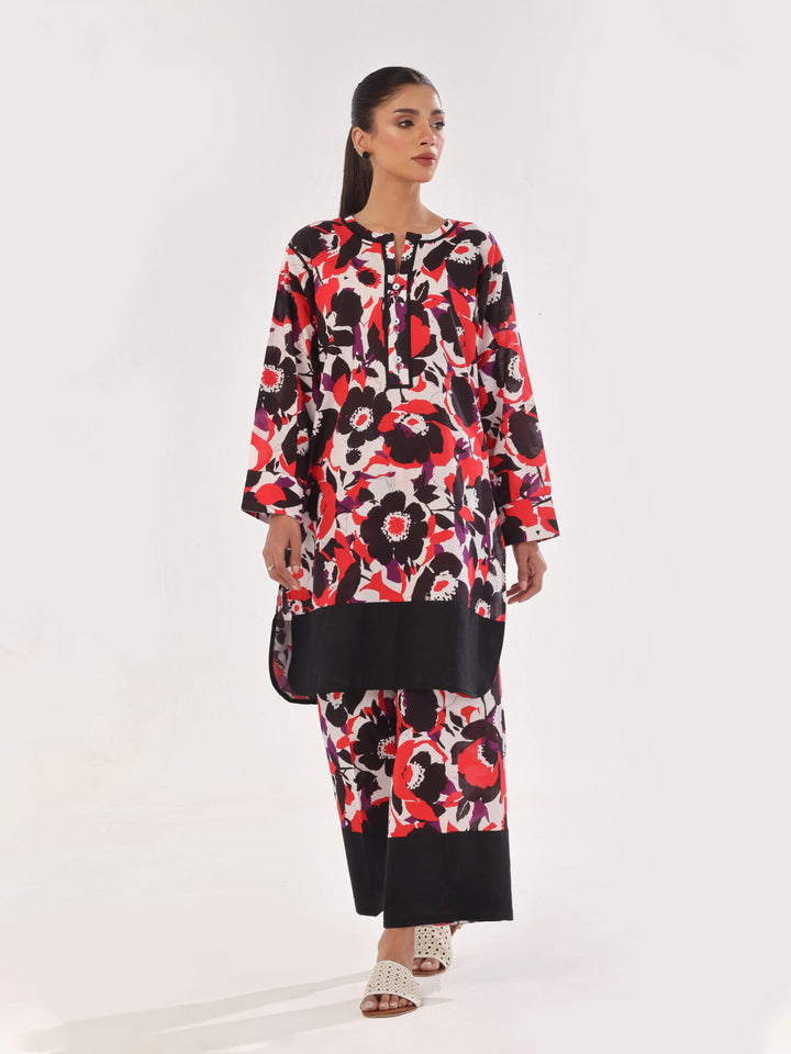 Oaks - Printed Pret & Unstitched Shirt Trouser Swiss Lawn Black & Red - 2 Piece