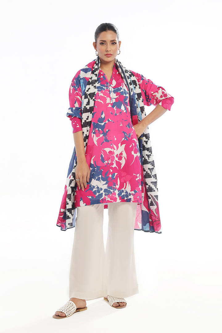 Oaks - Printed Unstitched Swiss Lawn Pink  - 3 Piece