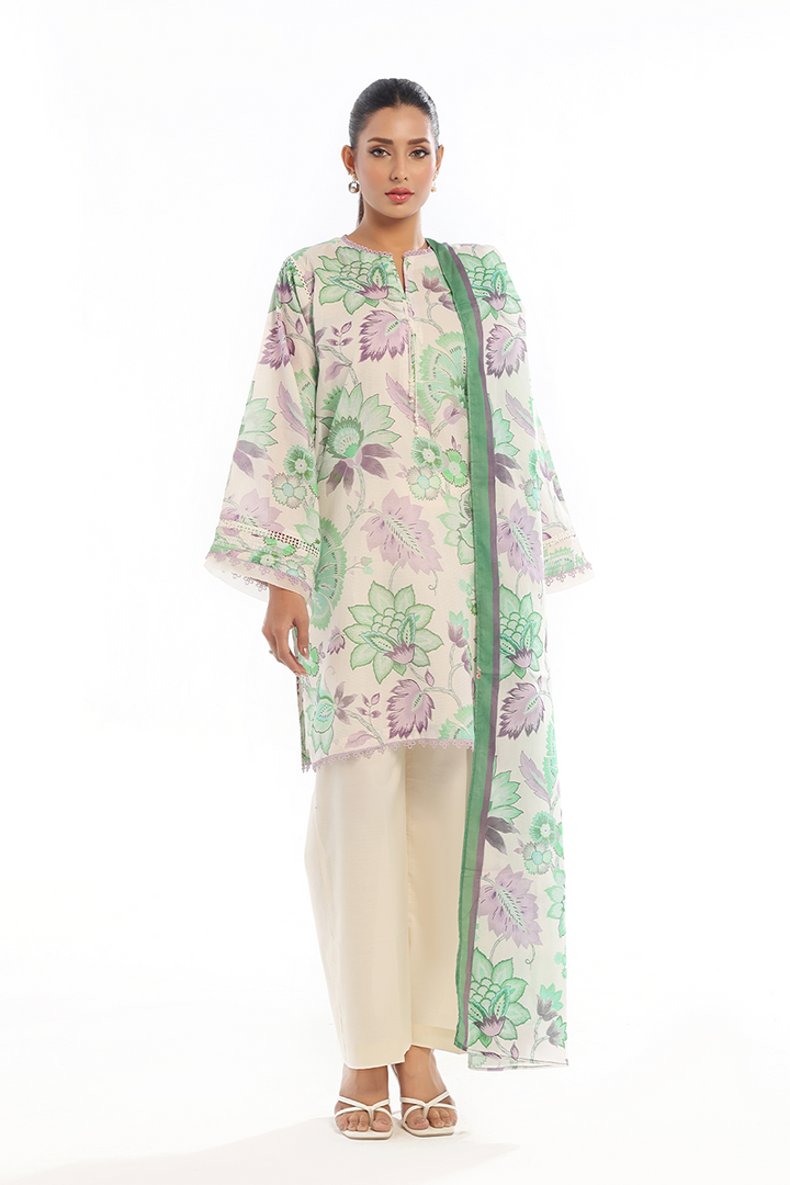 Oaks - Printed Unstitched Masoori Lawn Green  - 3 Piece