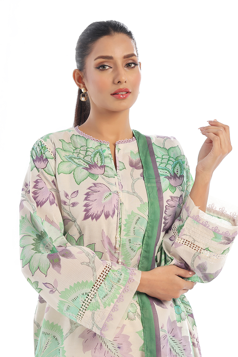 Oaks - Printed Unstitched Masoori Lawn Green  - 3 Piece