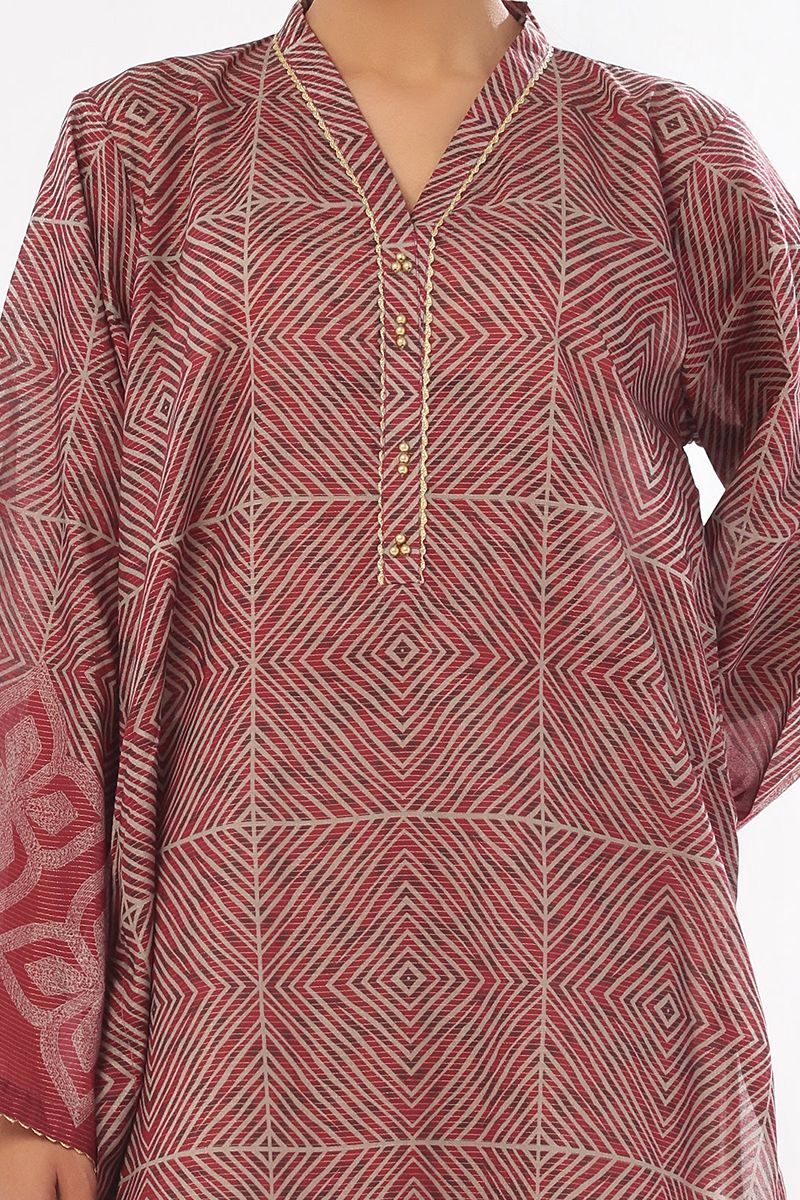 Oaks - Printed Pret & Unstitched Kurti Masoori Lawn Maroon - 1 Piece