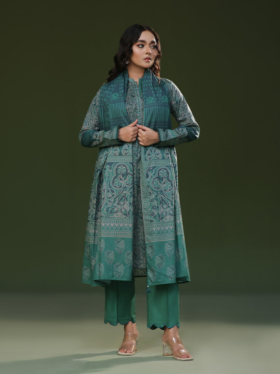 Oaks - Printed Unstitched Cambric Green  - 3 Piece