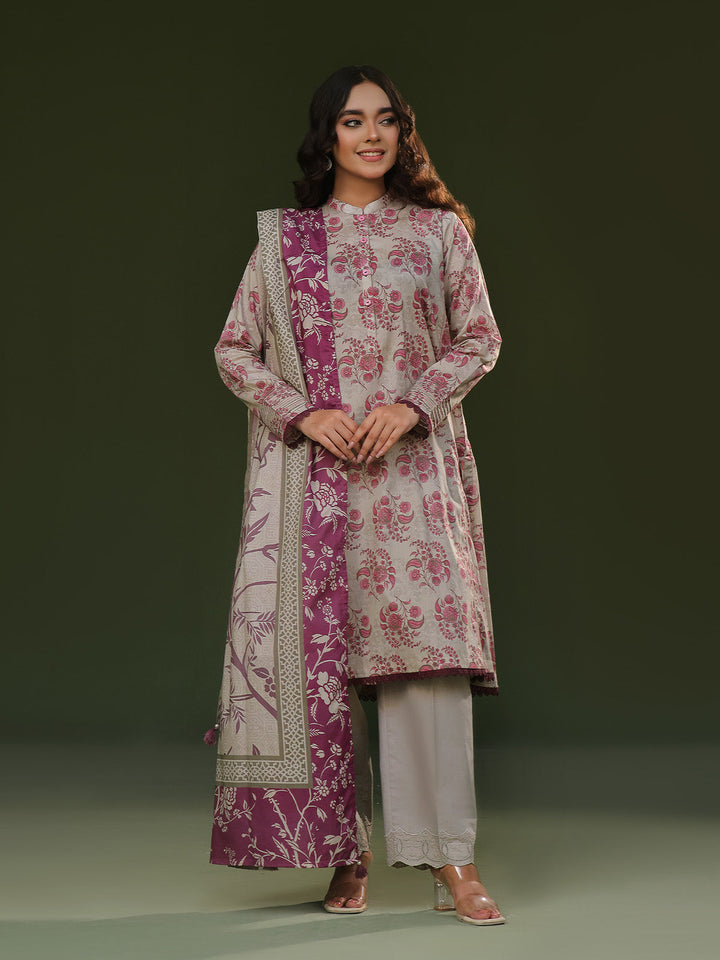 Oaks - Printed Pret Suit Cambric Beige  - 3 Piece