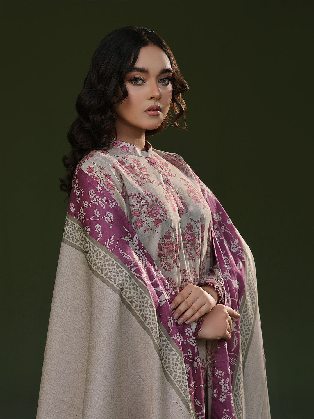 Oaks - Printed Pret Suit Cambric Beige  - 3 Piece