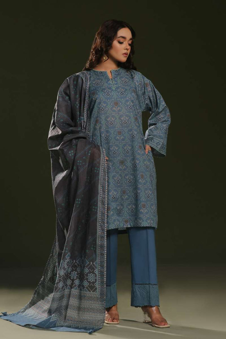 Oaks - Printed Unstitched Cambric Blue  - 3 Piece