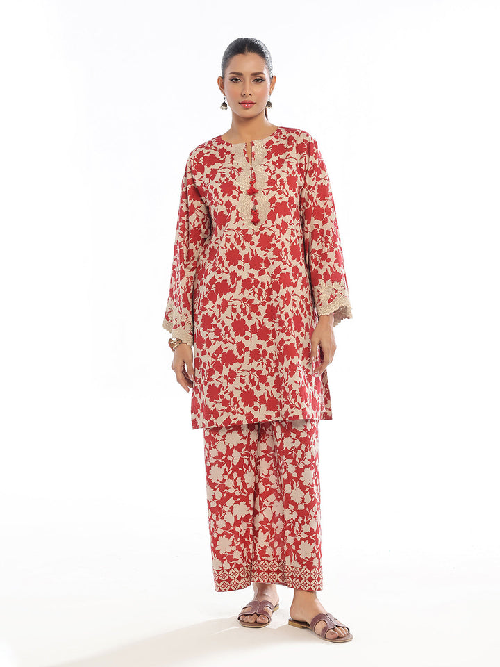 Oaks - Embroidered Pret & Unstitched Shirt Trouser Lawn Red - 2 Piece