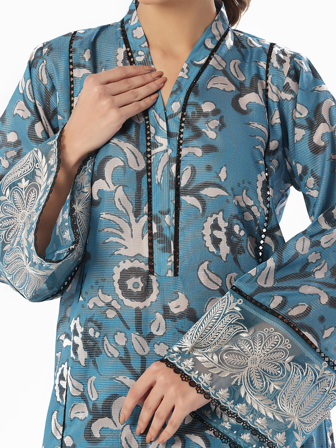 Oaks - Embroidered Pret & Unstitched Shirt Trouser Maisoori Lawn Blue - 2 Piece