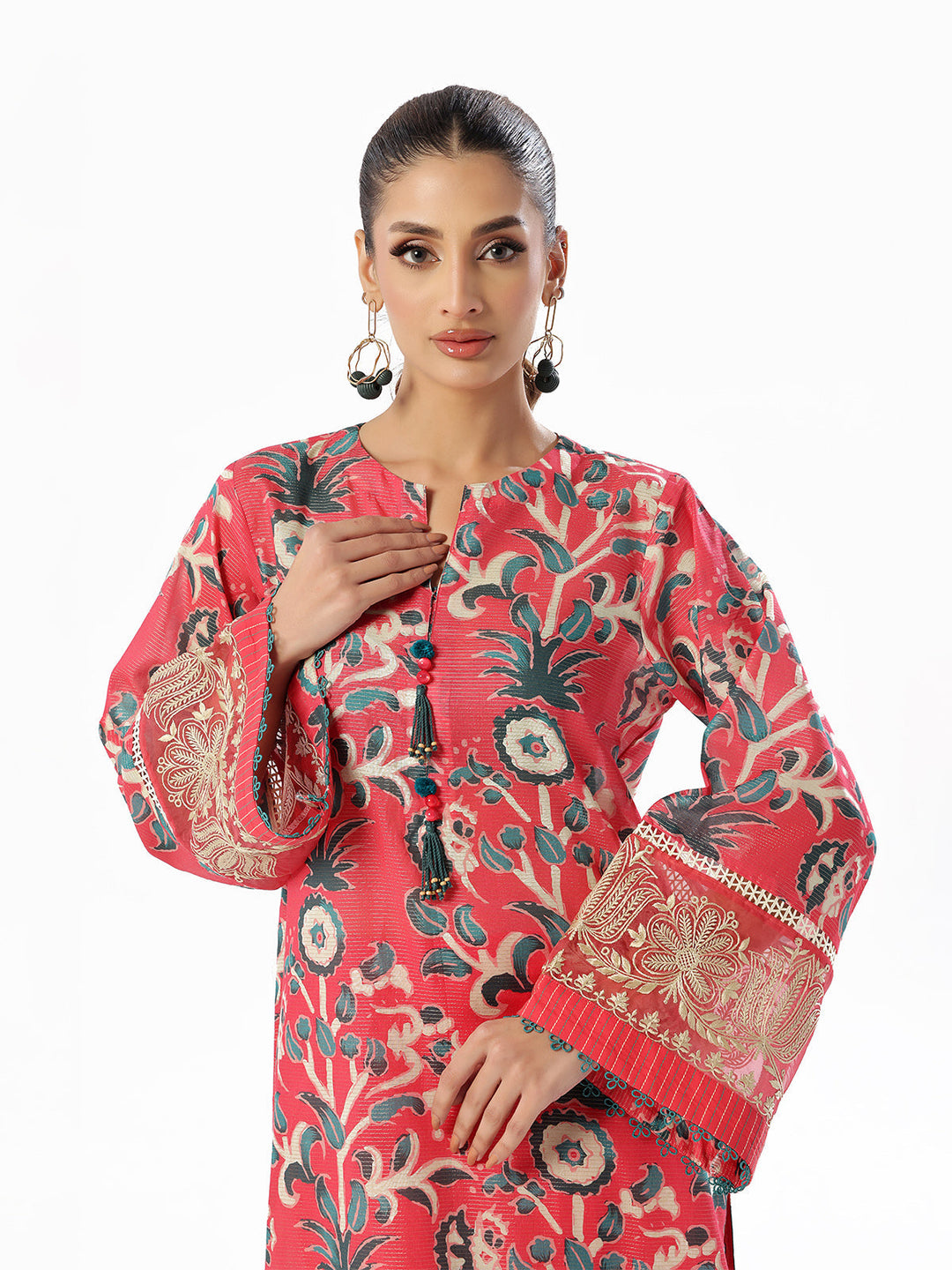 Oaks - Embroidered Pret & Unstitched Shirt Trouser Maisoori Lawn Pink & Red - 2 Piece