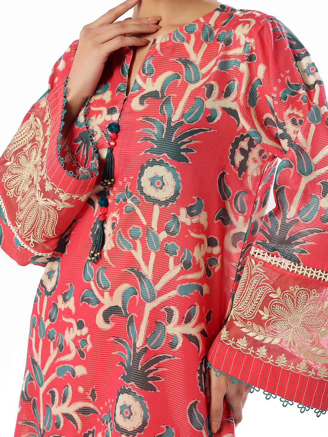 Oaks - Embroidered Unstitched Masoori Lawn Pink & Red  - 2 Piece