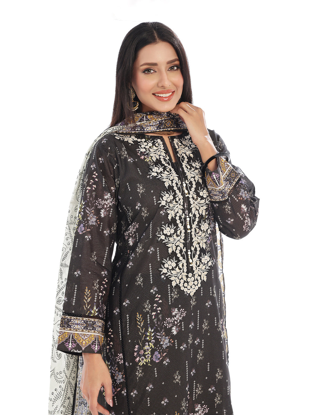 Oaks - Embroidered Pret Shirt Dupatta Masoori Lawn Black  - 2 Piece