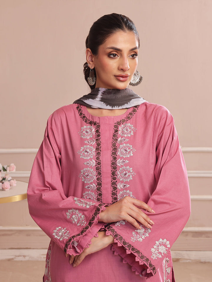 Oaks - Embroidered Pret & Unstitched Suit Dyed Slub Cambric Tea Pink - 3 Piece