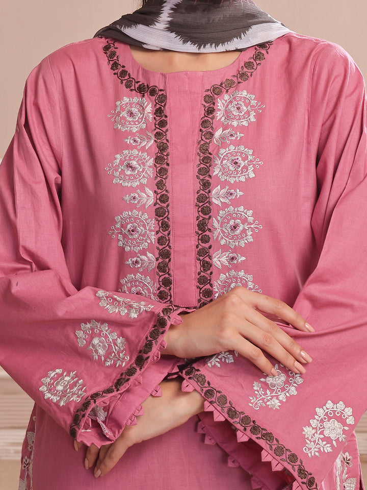 Oaks - Embroidered Pret & Unstitched Suit Dyed Slub Cambric Tea Pink - 3 Piece