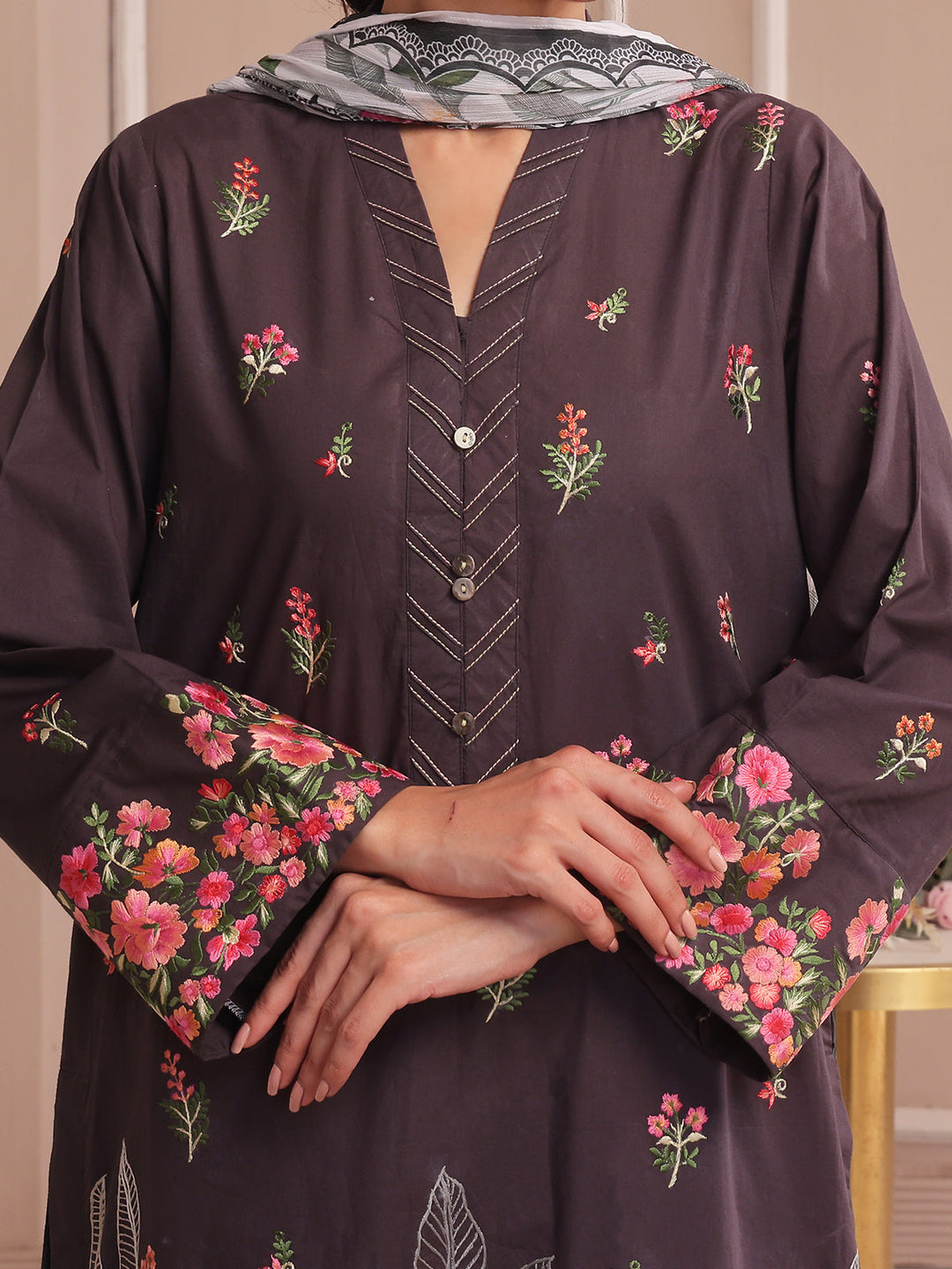 Oaks - Embroidered Pret & Unstitched Suit Dyed Cambric Black - 3 Piece