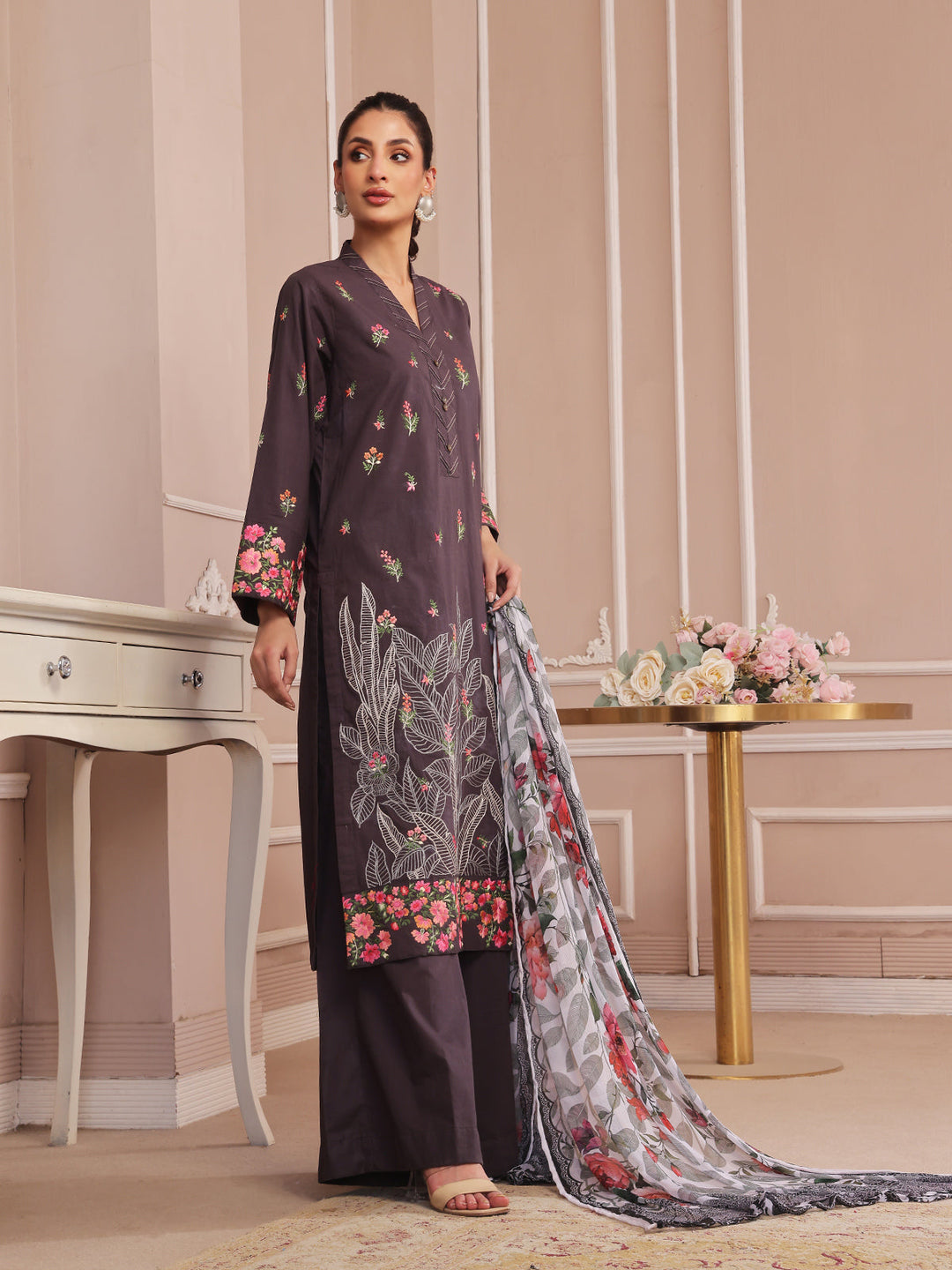 Oaks - Embroidered Pret & Unstitched Suit Dyed Cambric Black - 3 Piece