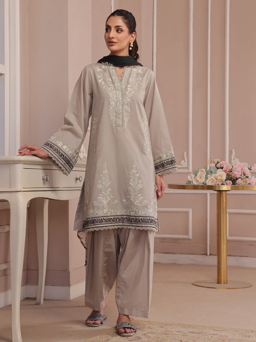 Oaks - Embroidered Pret & Unstitched Suit Dyed Cambric Beige - 3 Piece