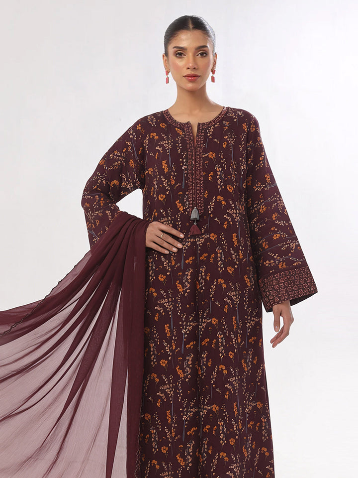 Oaks Printed Lawn Unstitched Maroon 3 Piece