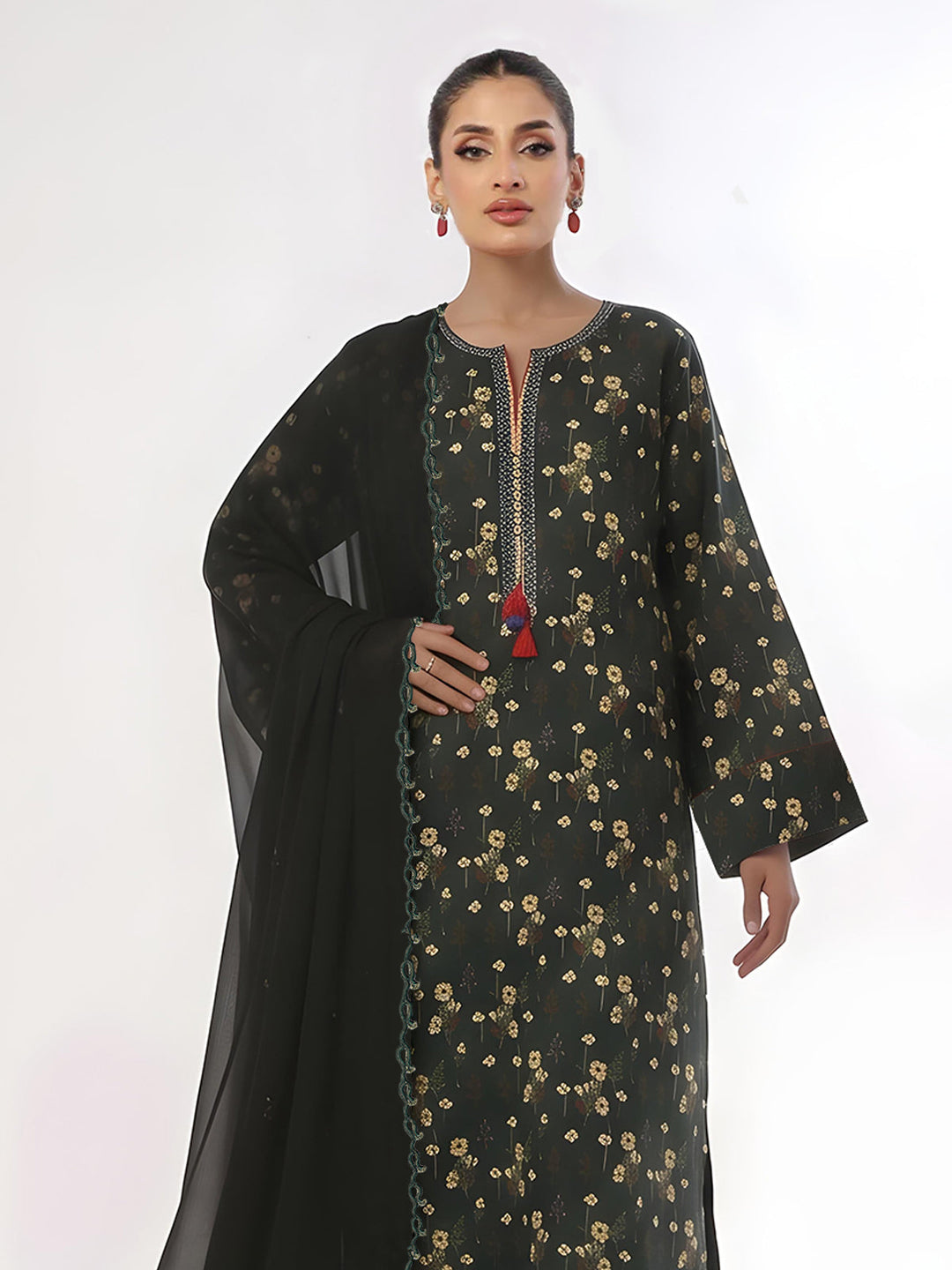 Oaks Printed Lawn Unstitched Dark Green 3 Piece