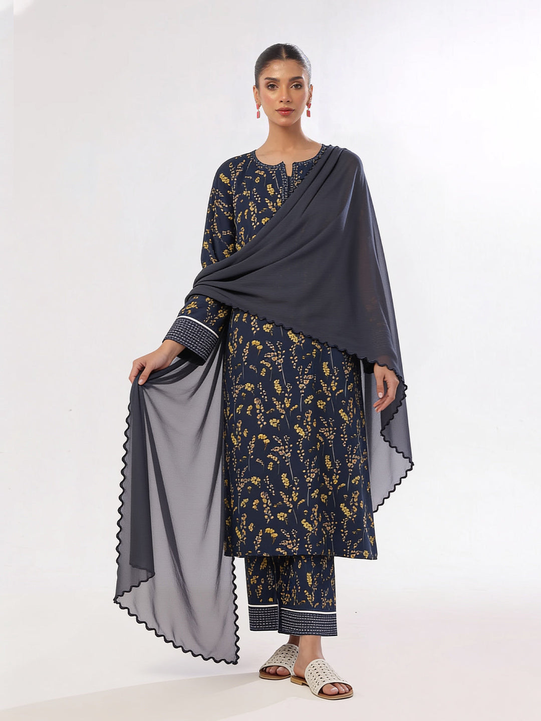 Oaks Printed Lawn Unstitched Navy Blue 3 Piece