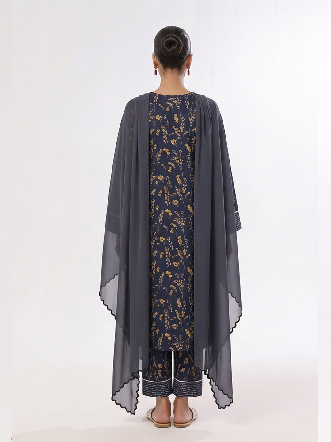 Oaks Printed Lawn Unstitched Navy Blue 3 Piece
