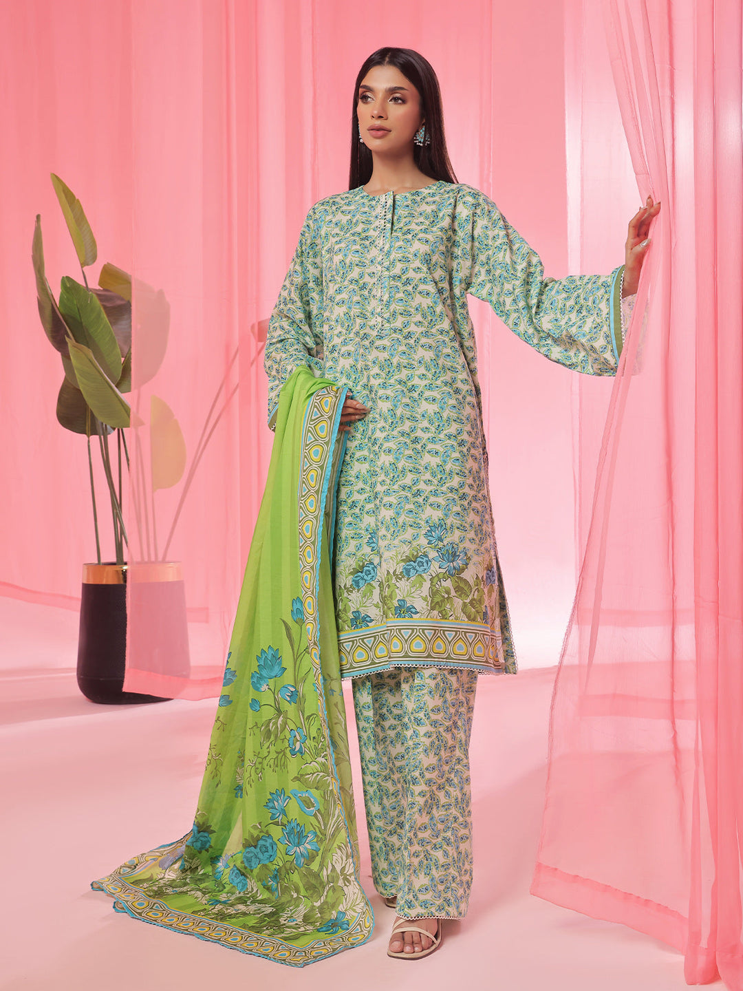 Oaks - Printed Pret & Unstitched Suit Lawn Green - 3 Piece