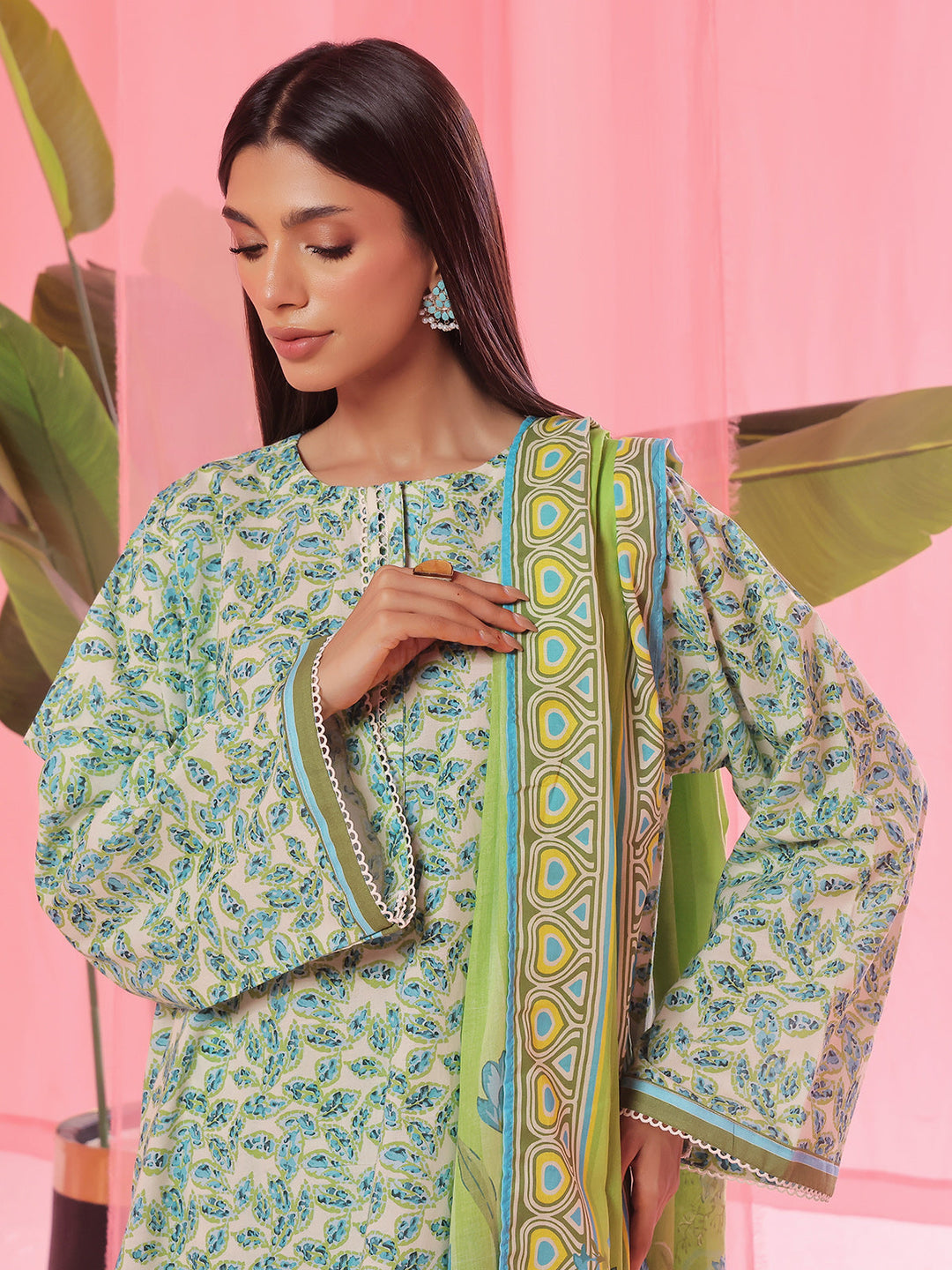 Oaks - Printed Pret & Unstitched Suit Lawn Green - 3 Piece