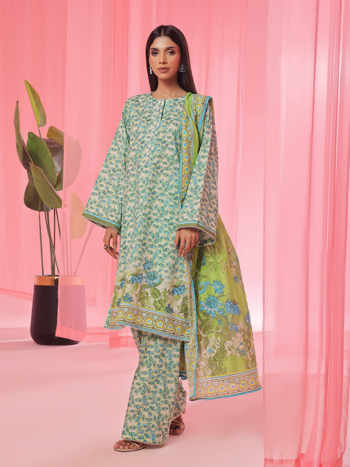 Oaks - Printed Pret & Unstitched Suit Lawn Green - 3 Piece