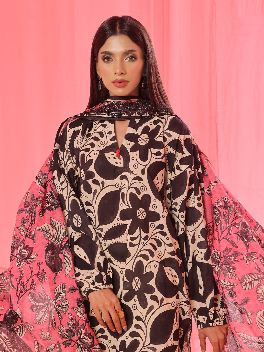 Oaks - Printed Pret & Unstitched Suit Lawn Black & Beige - 3 Piece