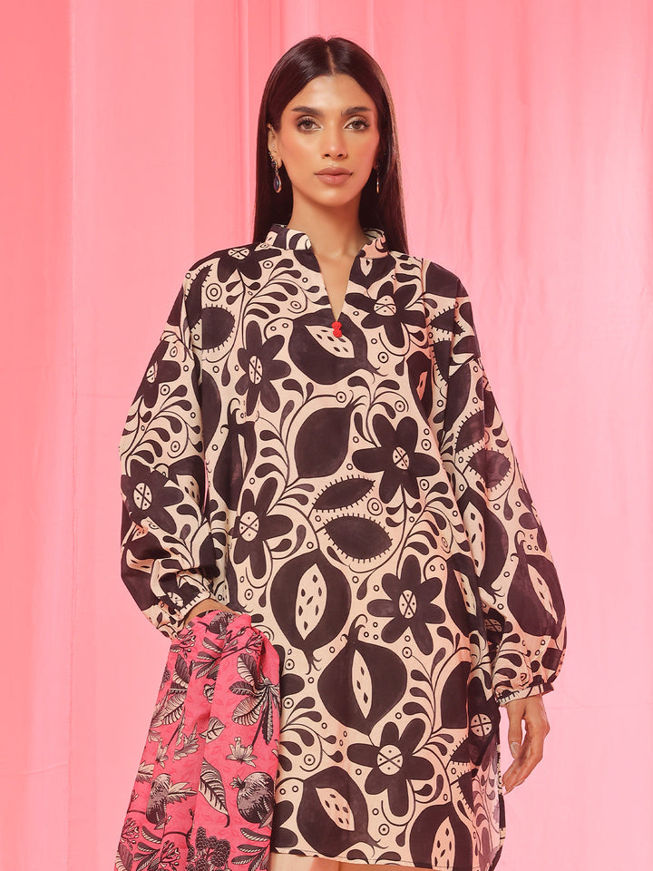 Oaks - Printed Pret & Unstitched Suit Lawn Black & Beige - 3 Piece