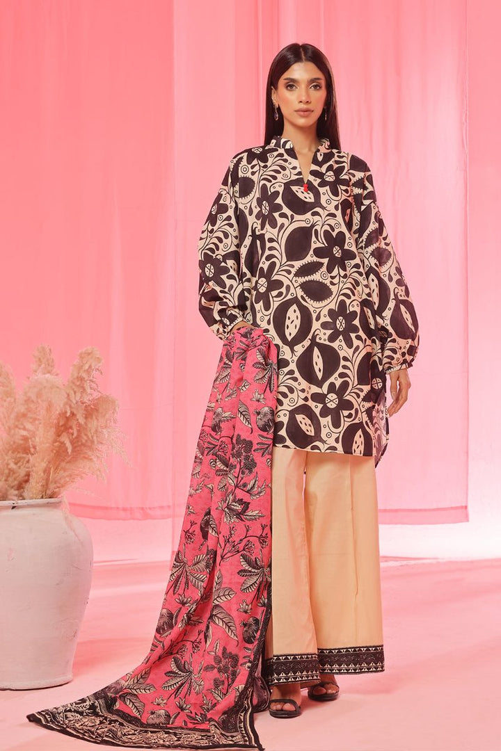 Oaks - Printed Pret & Unstitched Suit Lawn Black & Beige - 3 Piece