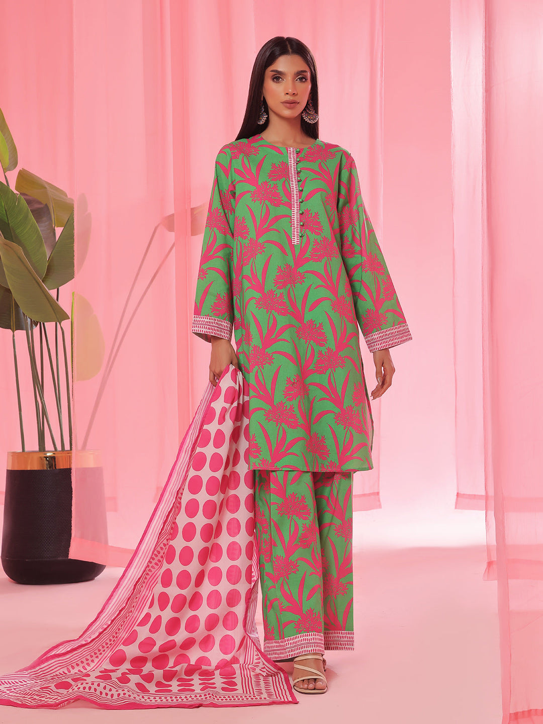 Oaks - Printed Pret & Unstitched Suit Lawn Green - 3 Piece