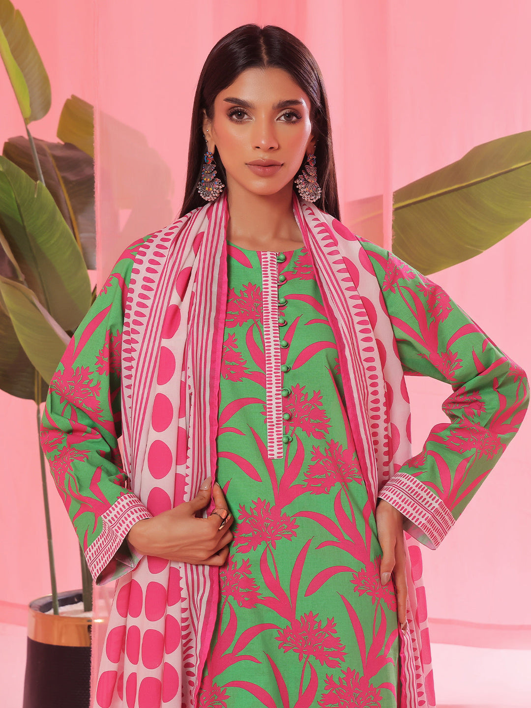 Oaks - Printed Pret & Unstitched Suit Lawn Green - 3 Piece
