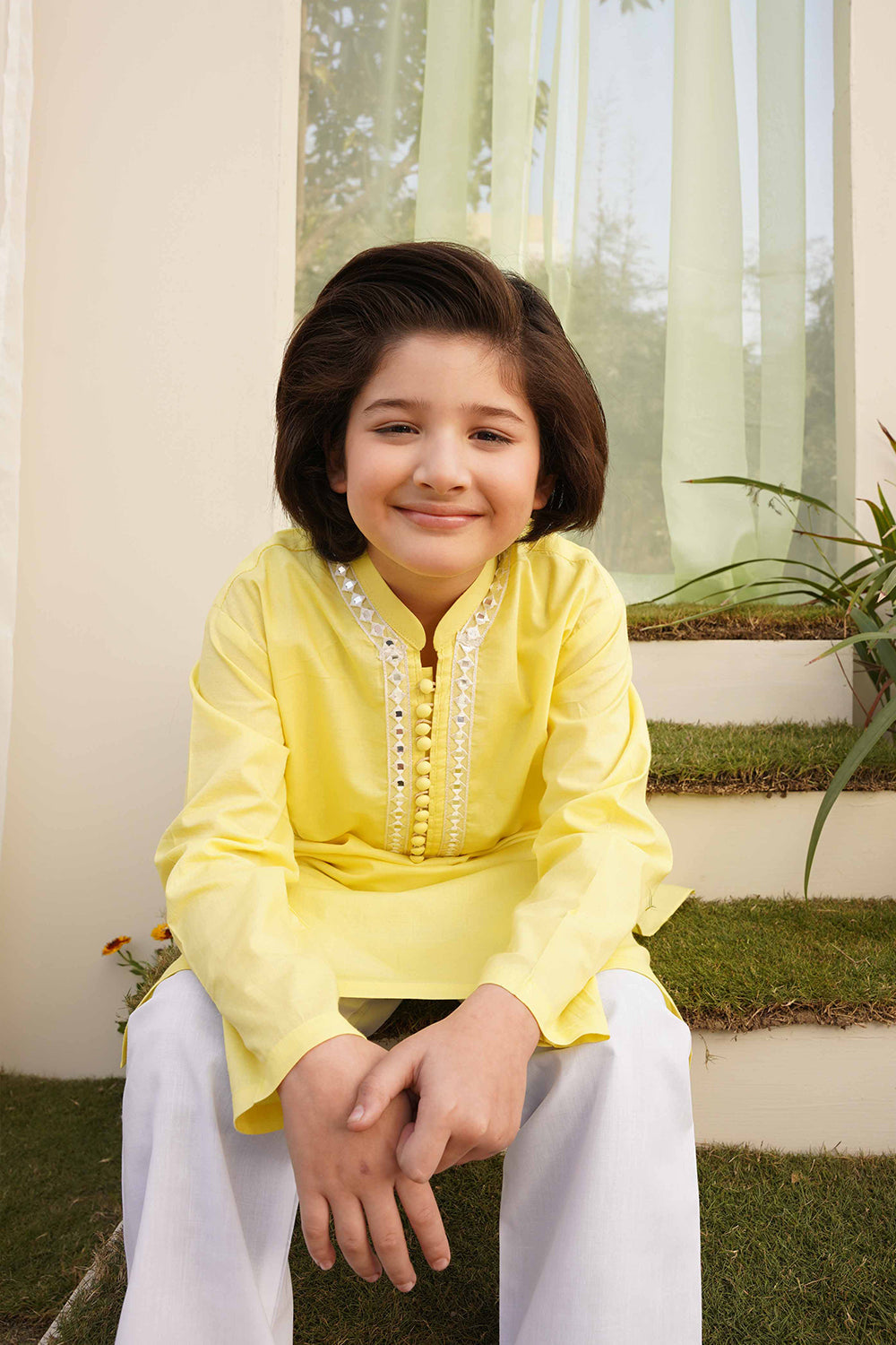 Hummingbirds - Basant Mirror Embroidery Kurta Cotton Chambray For Boy