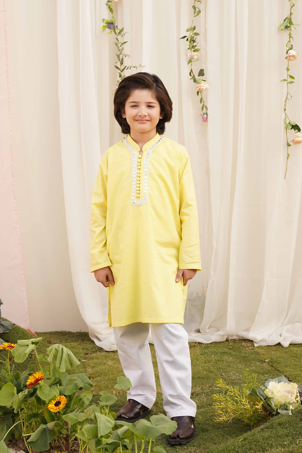 Hummingbirds - Basant Mirror Embroidery Kurta Cotton Chambray For Boy