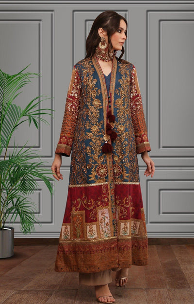 Shamaeel - Multicolored Silk Embroidered Shirt with Blue Inner and Coffee Straight Pants - Studio by TCS