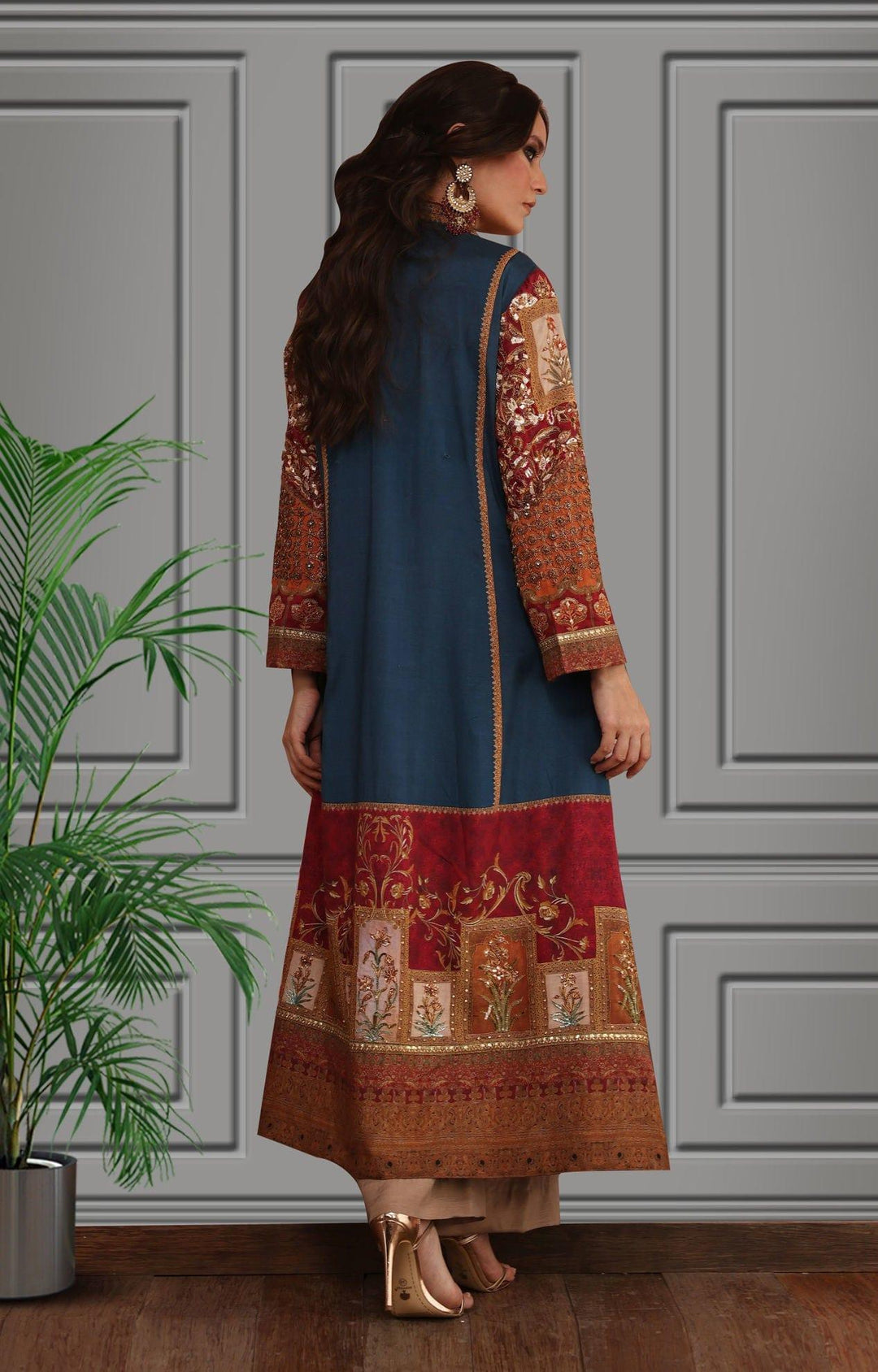 Shamaeel - Multicolored Silk Embroidered Shirt with Blue Inner and Coffee Straight Pants - Studio by TCS