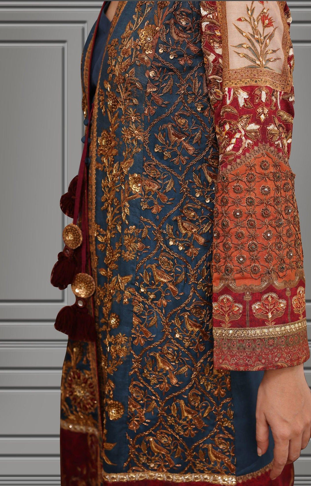 Shamaeel - Multicolored Silk Embroidered Shirt with Blue Inner and Coffee Straight Pants - Studio by TCS