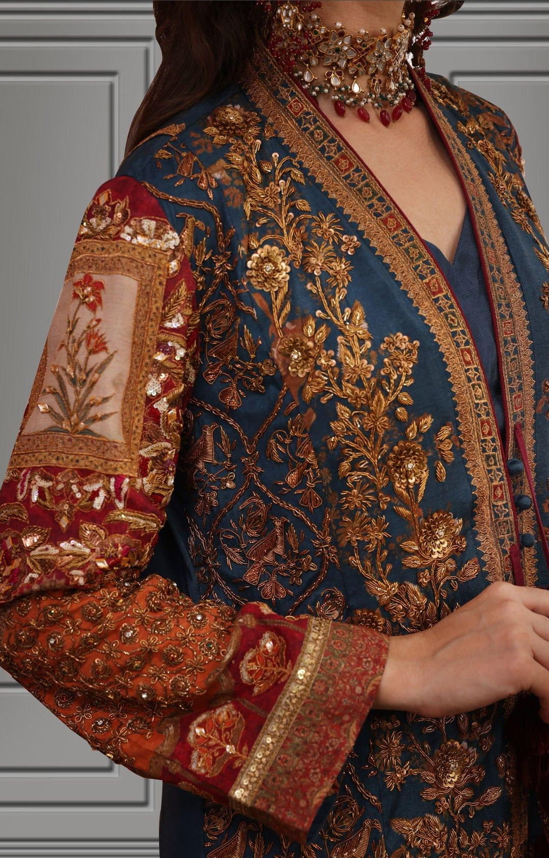 Shamaeel - Multicolored Silk Embroidered Shirt with Blue Inner and Coffee Straight Pants - Studio by TCS