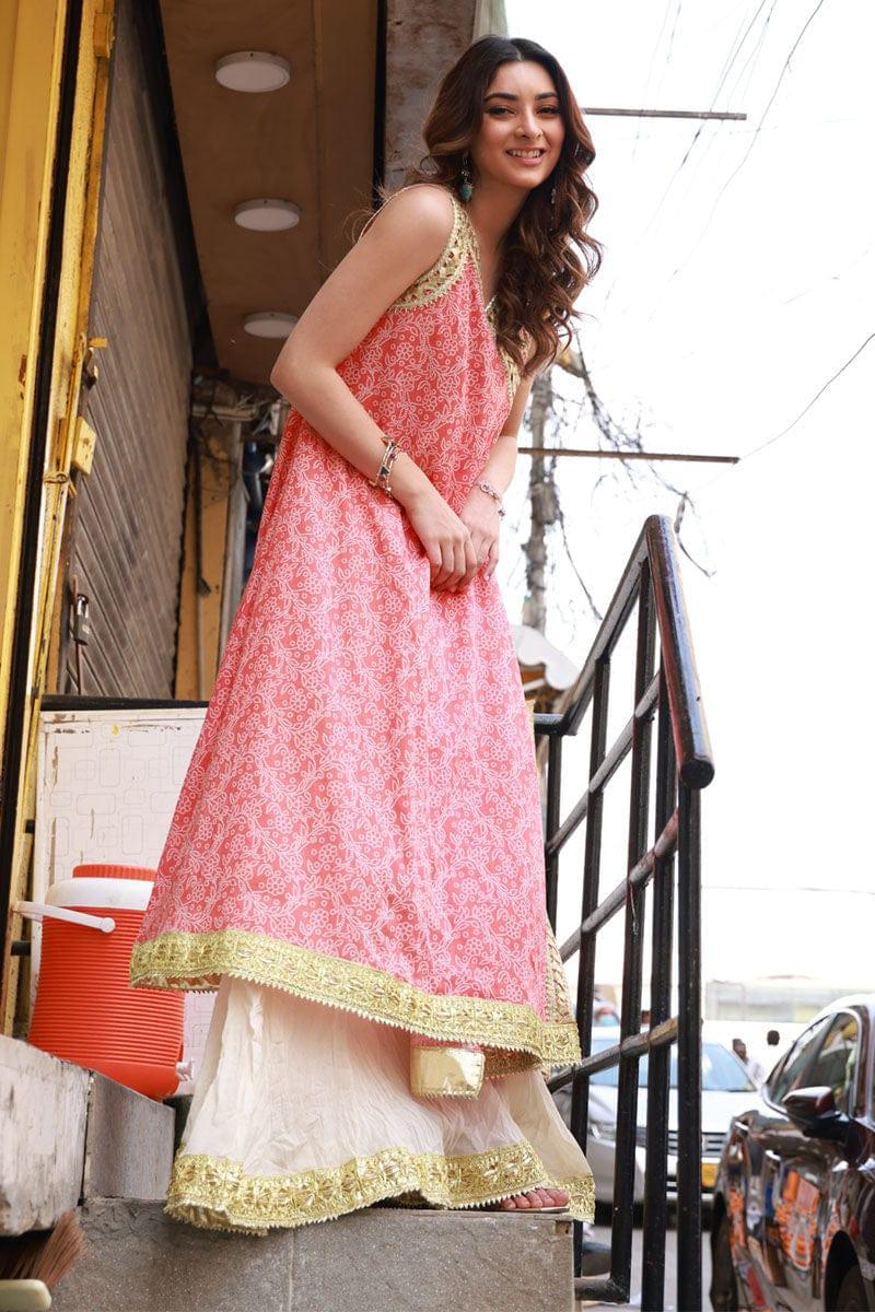 Pink Tree - Afsheen - Melon Chunri Printed Muslin Long Shirt with Ivory Dhaka Pajama - Studio by TCS