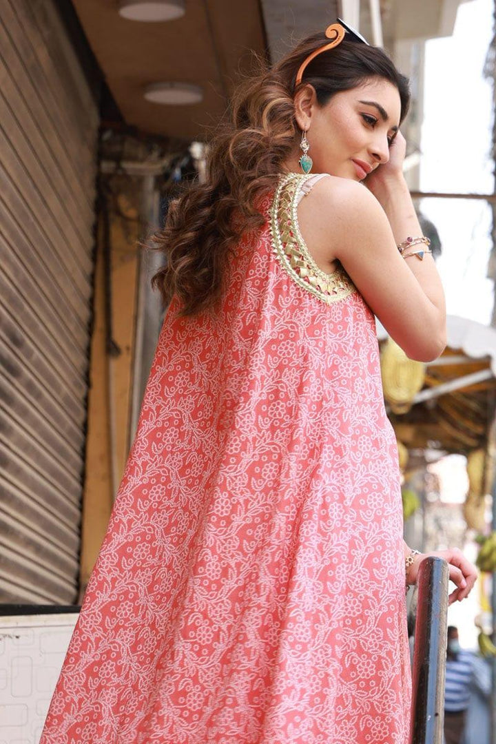 Pink Tree - Afsheen - Melon Chunri Printed Muslin Long Shirt with Ivory Dhaka Pajama - Studio by TCS