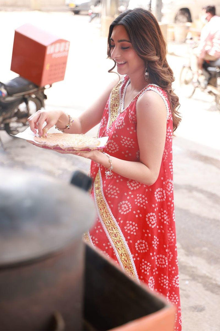 Pink Tree - Chilli Red Chunri Printed Muslin with Ivory Dhaka Pajama - Studio by TCS