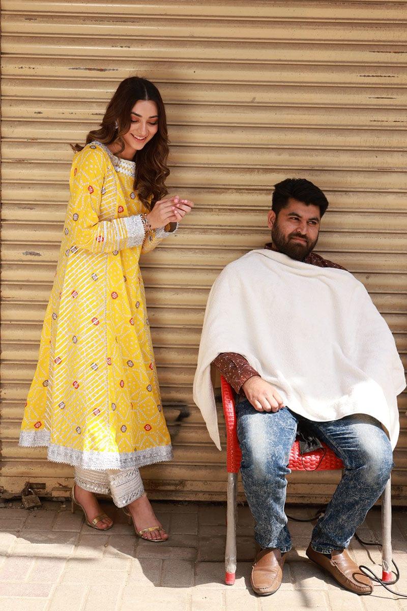 Pink Tree - Sunflower Yellow Printed Muslin Long Kurta with Ivory Cotton Shalwar - Studio by TCS