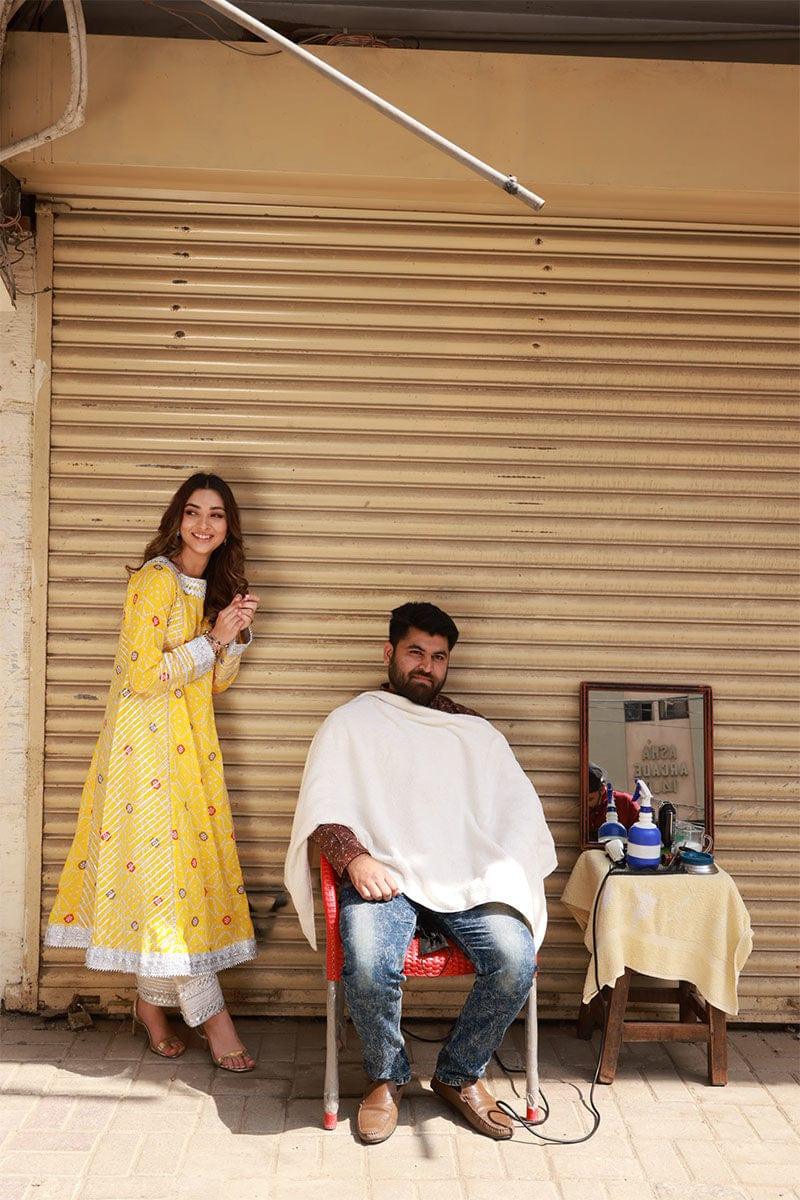 Pink Tree - Sunflower Yellow Printed Muslin Long Kurta with Ivory Cotton Shalwar - Studio by TCS