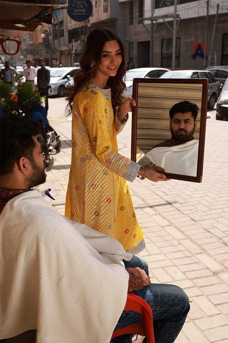 Pink Tree - Sunflower Yellow Printed Muslin Long Kurta with Ivory Cotton Shalwar - Studio by TCS