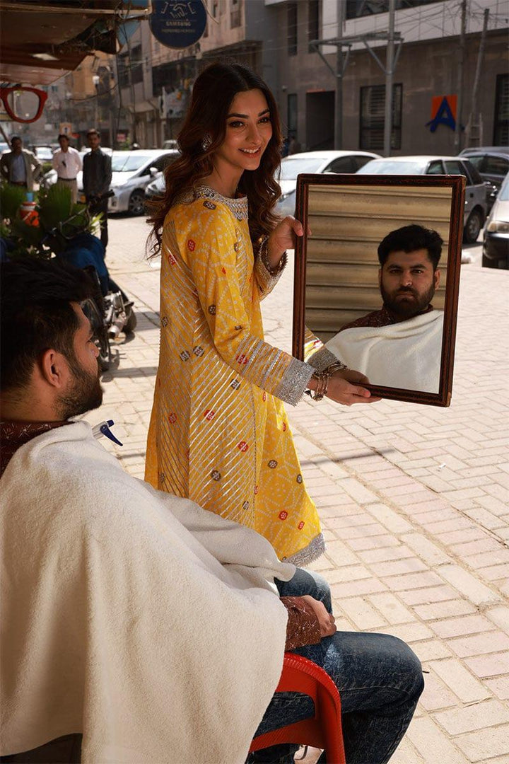 Pink Tree - Sunflower Yellow Printed Muslin Long Kurta with Ivory Cotton Shalwar - Studio by TCS