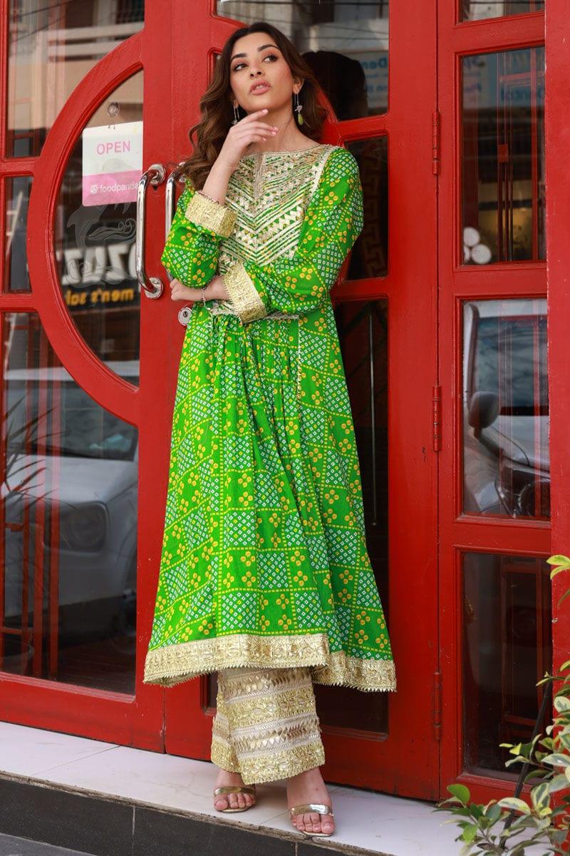 Pink Tree - Leaf Green Chunri Printed Muslin Shirt with Ivory Izaar - Studio by TCS